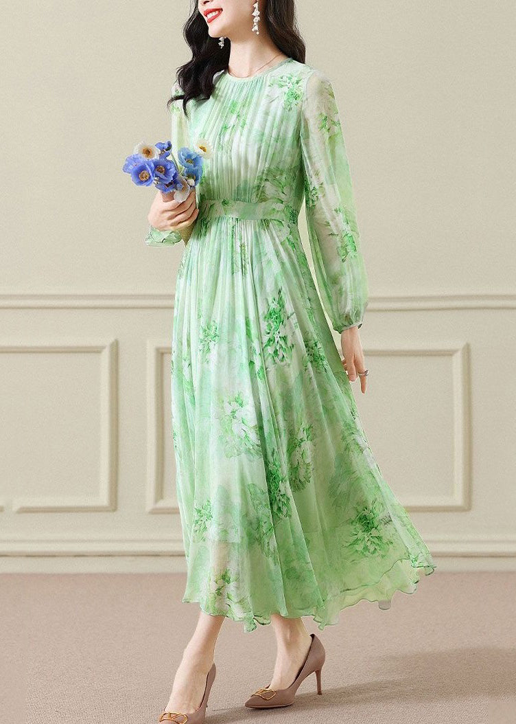Elegant Green Wrinkled Print Chiffon Maxi Dress Long Sleeve - View 3