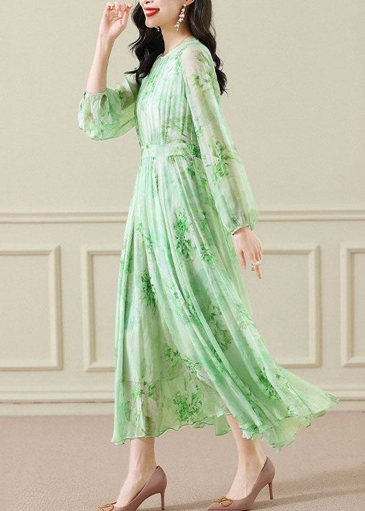 Elegant Green Wrinkled Print Chiffon Maxi Dress Long Sleeve - View 5