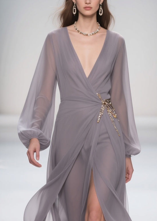 Chiffon Wrap Deep V-Neck Bishop Sleeve Brooch Waist Maxi Gown - View 2