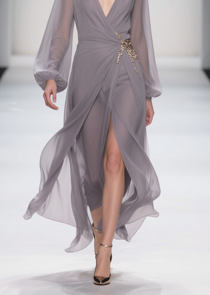 Chiffon Wrap Deep V-Neck Bishop Sleeve Brooch Waist Maxi Gown - View 4