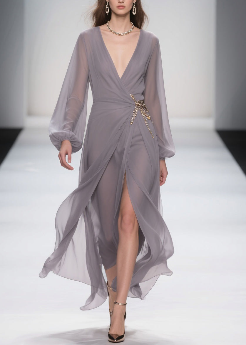 Chiffon Wrap Deep V-Neck Bishop Sleeve Brooch Waist Maxi Gown - View 5