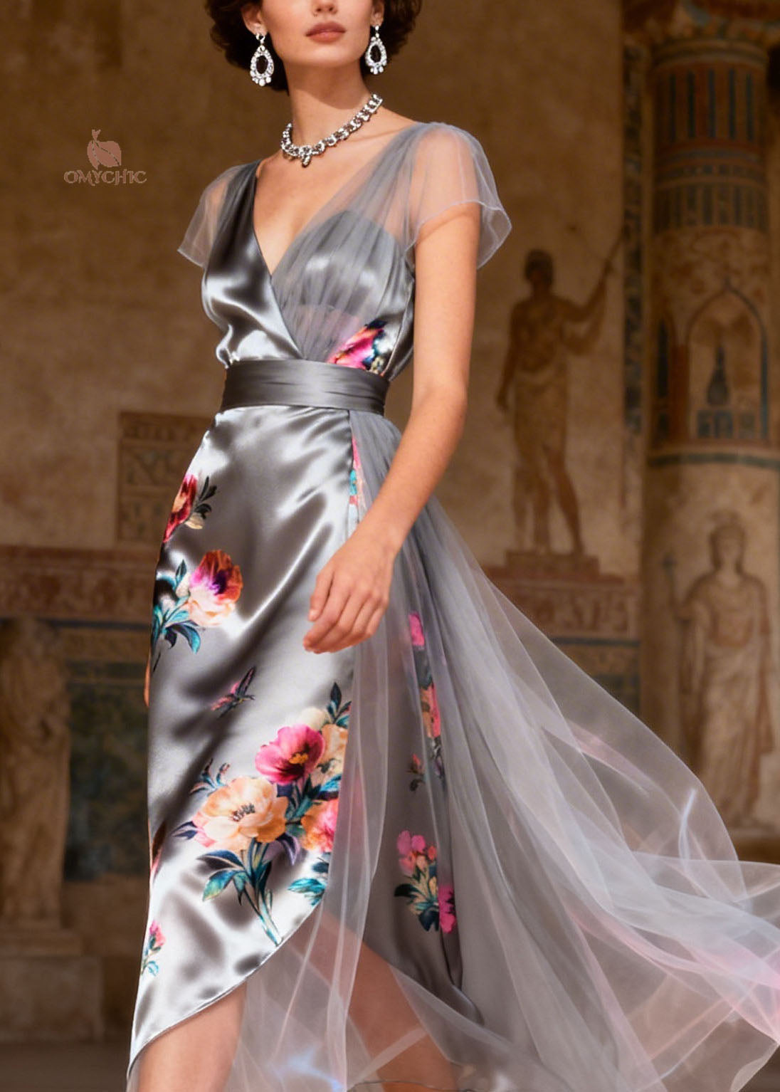 Satin Floral Print Cap Sleeve Asymmetrical Tulle Wrap Maxi Gown - View 2