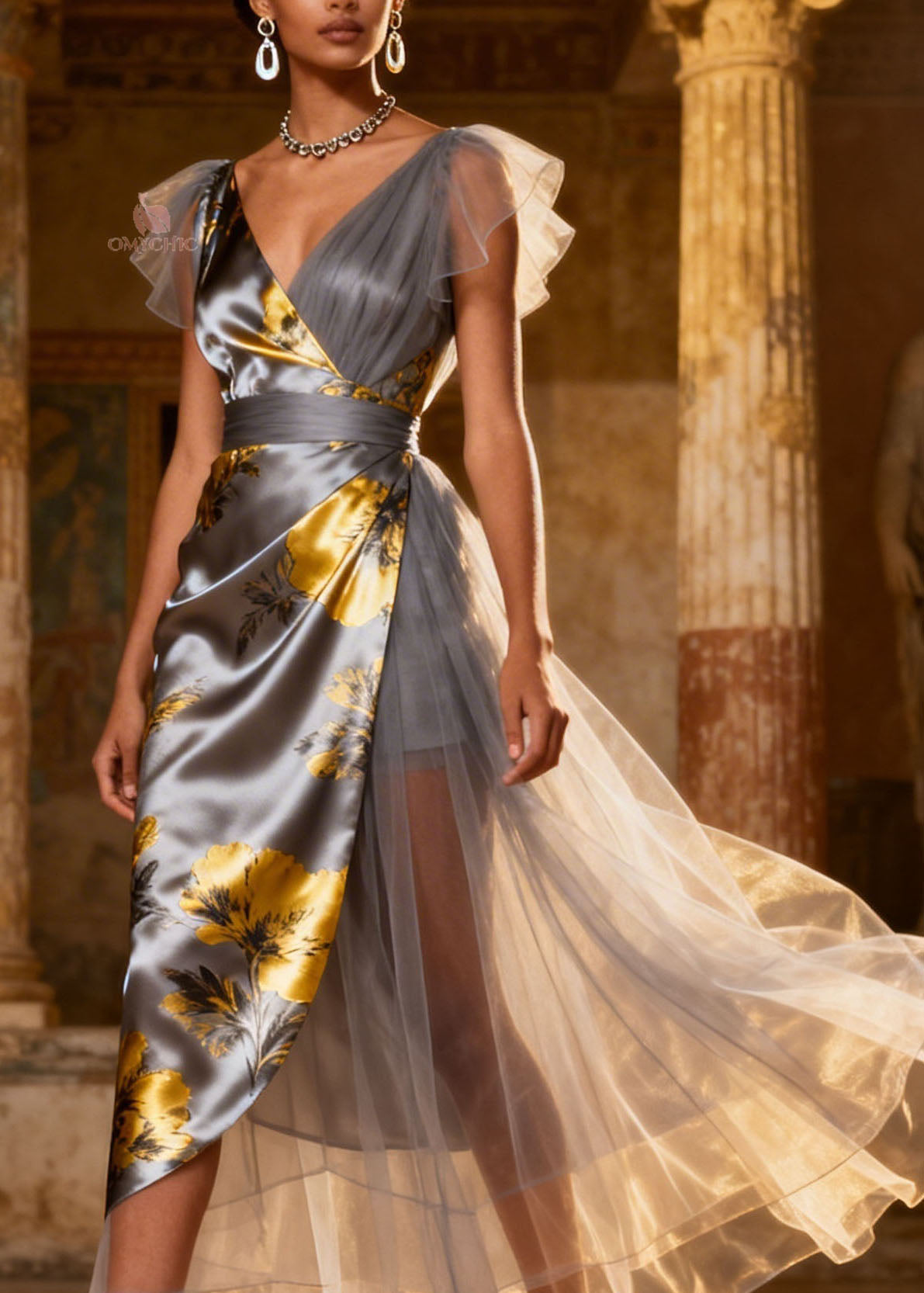 Floral Print Satin Tulle Panel Deep V-Neck Wrap Midi Dress - View 2