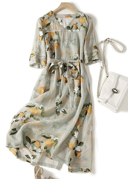 Citrus Floral Print V-Neck Ruffle Cuff Tie Waist A-Line Maxi Dress