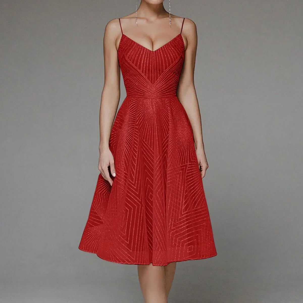 Glitter Spaghetti Strap V-Neck A-Line Midi Party Dress in Black - View 3