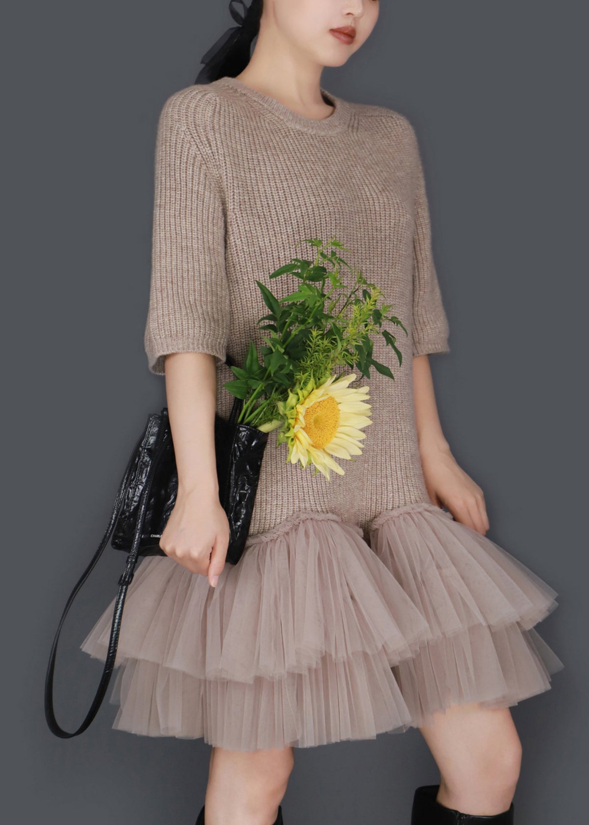 Knit Tulle Tiered Patchwork Crew Neck Balloon Skirt Mini Dress - View 4