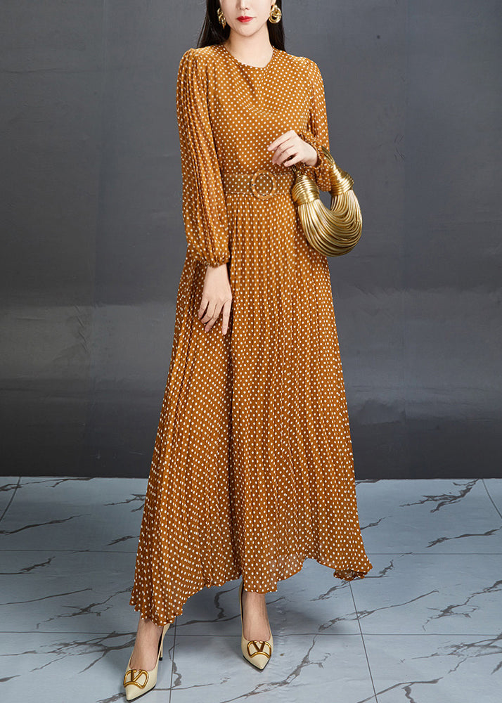 Polka Dot Bishop Sleeve Belted Waist Chiffon Maxi Dress - View 3