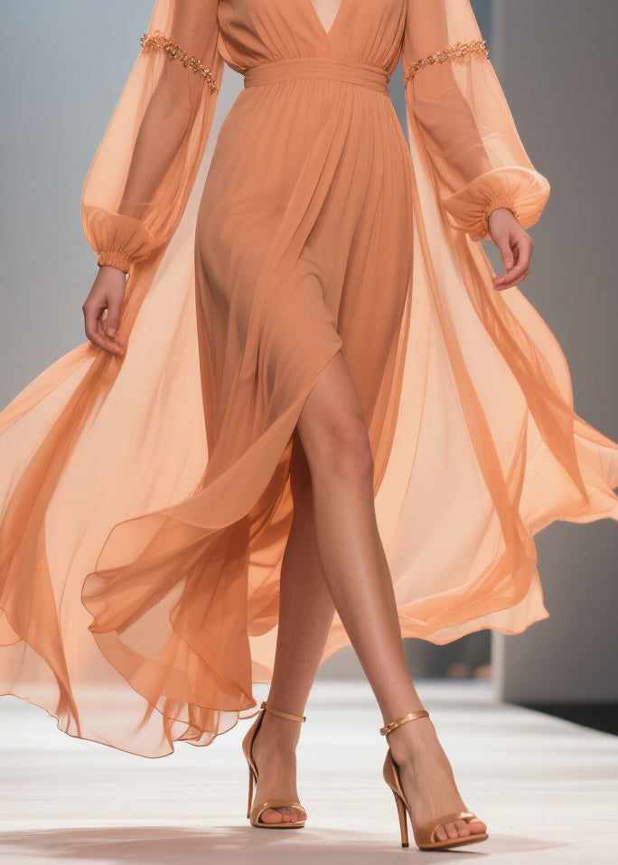 Chiffon Deep V-Neck Bishop Sleeve Beaded Sleeve Wrap Maxi Gown - View 4