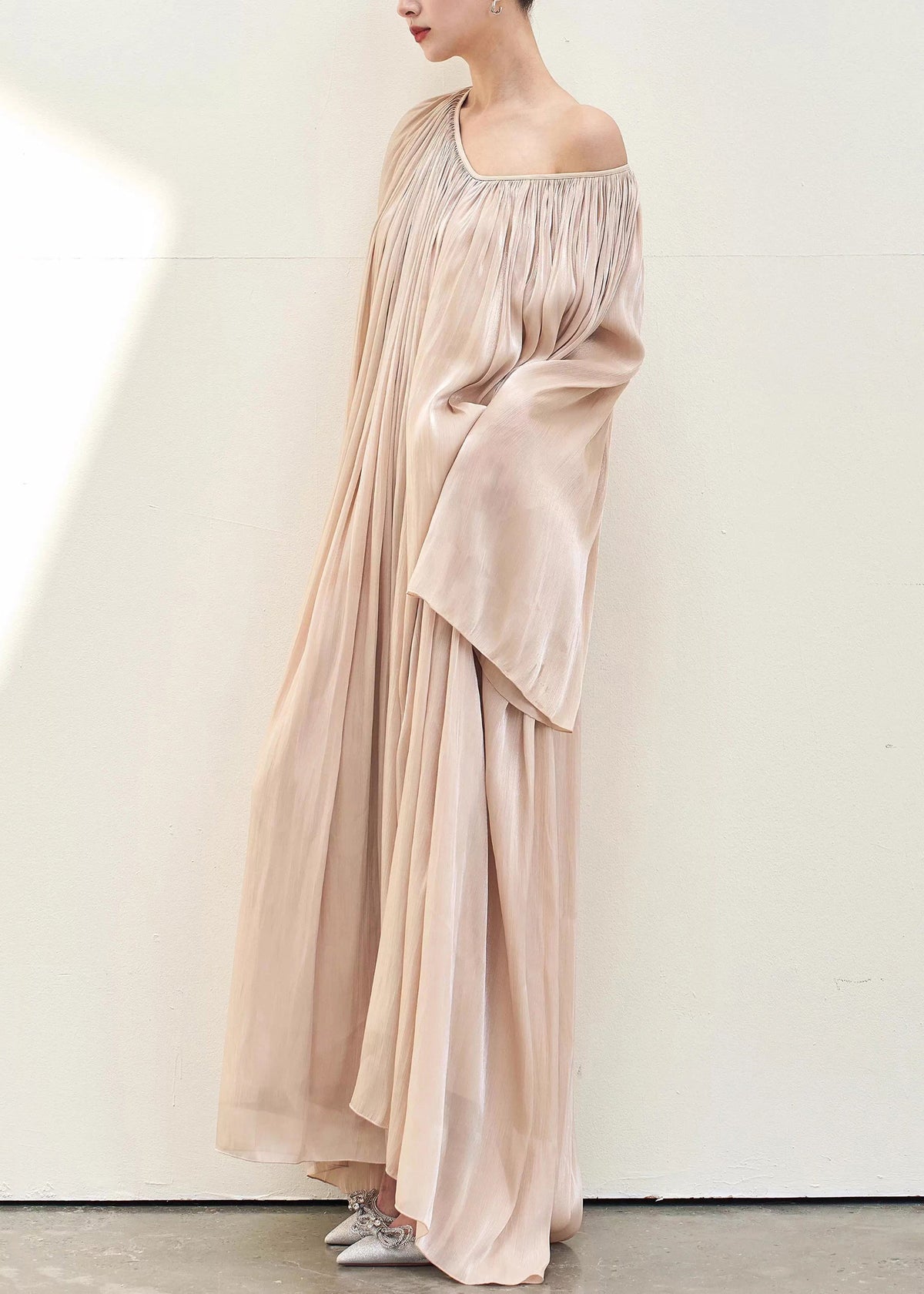 Satin Accordion Pleated One Shoulder Bell Sleeve Flowy Maxi Dress - View 4