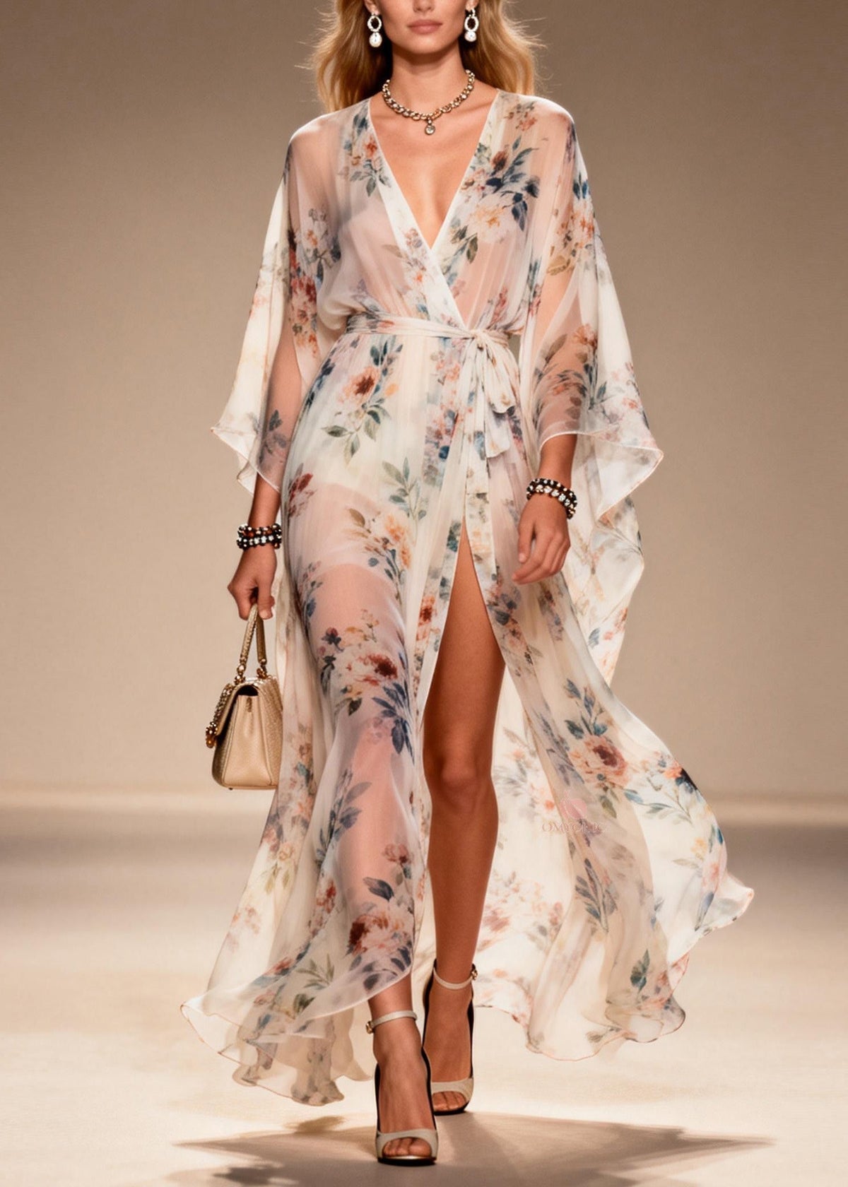 Floral Print Deep V-Neck Tie Waist Wide Sleeve Sheer Maxi Dress