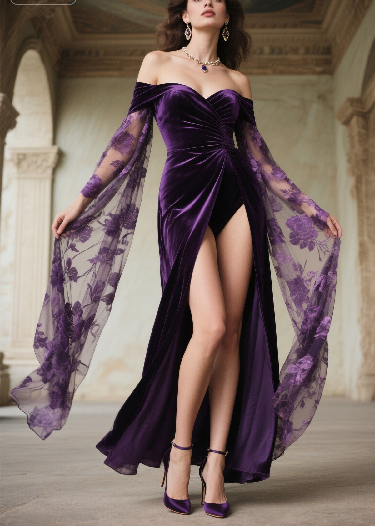 Velvet Off Shoulder Sweetheart Ruched Sheer Floral Maxi Gown - View 5