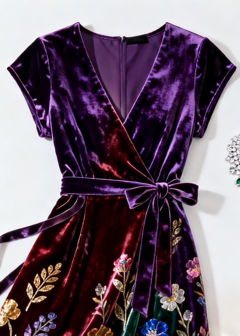 Velvet Wrap V-Neck Cap Sleeve Sequin Floral Midi Dress - View 2