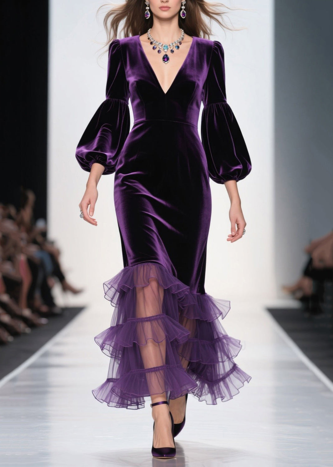 Elegant Purple V Neck Ruffled Patchwork Velvet Maxi Dresses Fall - View 3