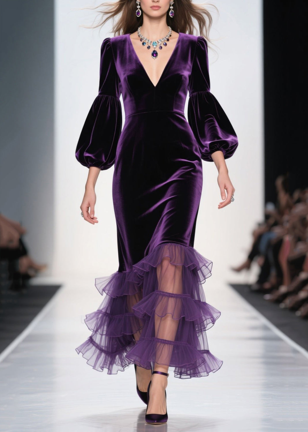 Elegant Purple V Neck Ruffled Patchwork Velvet Maxi Dresses Fall - View 5