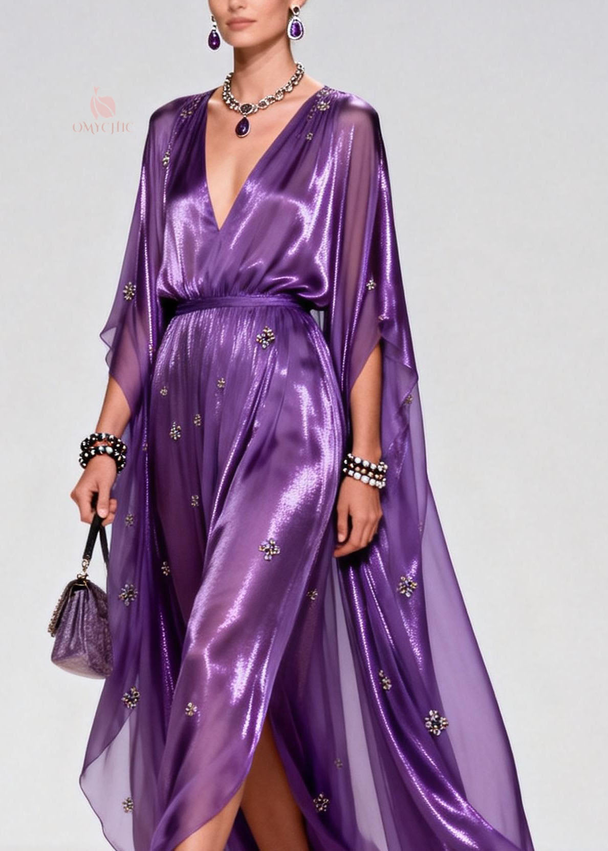 Metallic Deep V-Neck Cape Sleeve Rhinestone High Split Maxi Gown - View 2