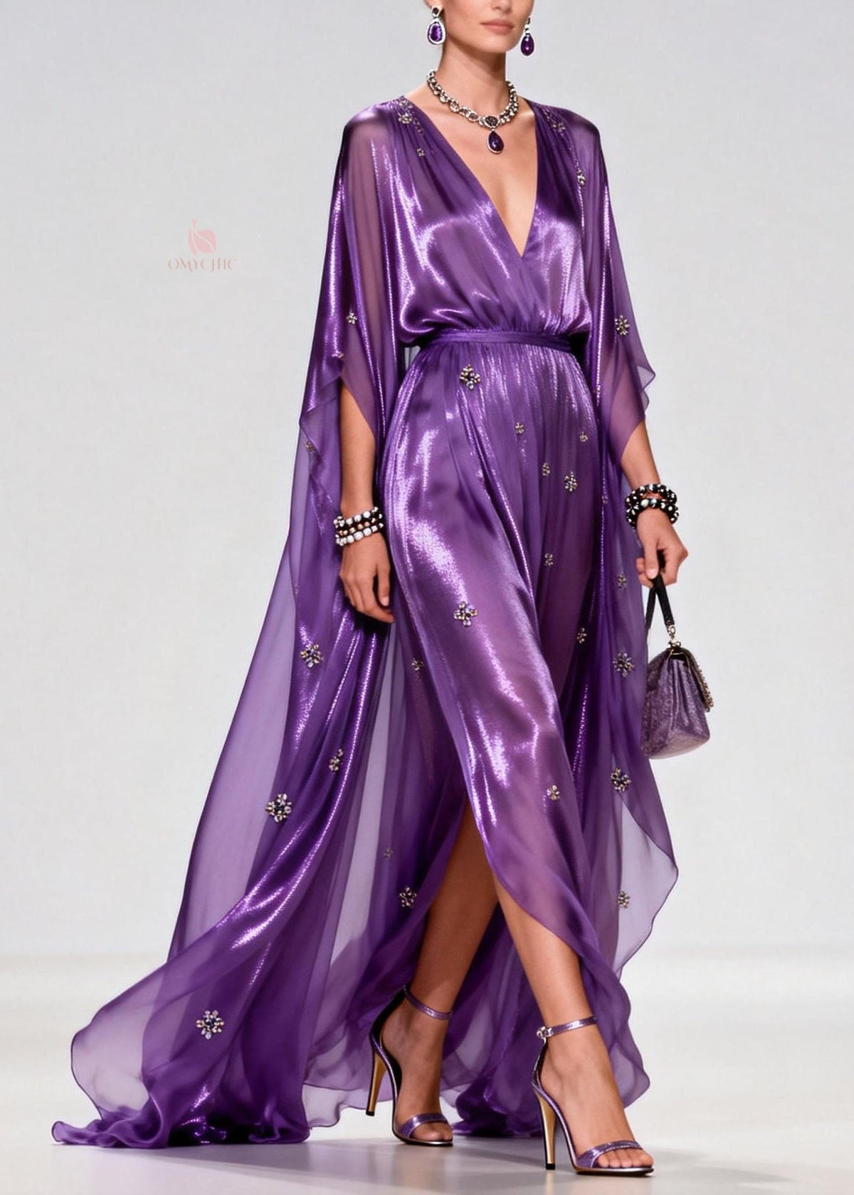 Metallic Deep V-Neck Cape Sleeve Rhinestone High Split Maxi Gown - View 3