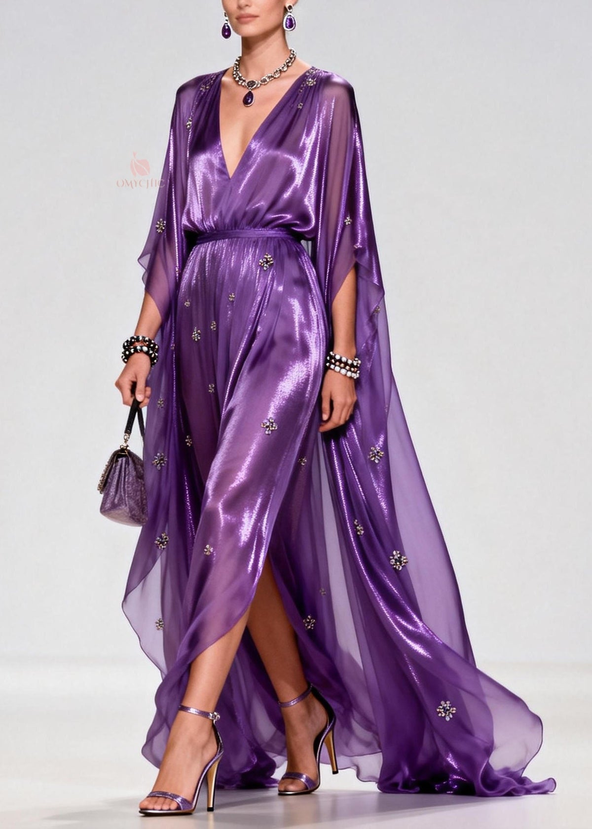 Metallic Deep V-Neck Cape Sleeve Rhinestone High Split Maxi Gown - View 5