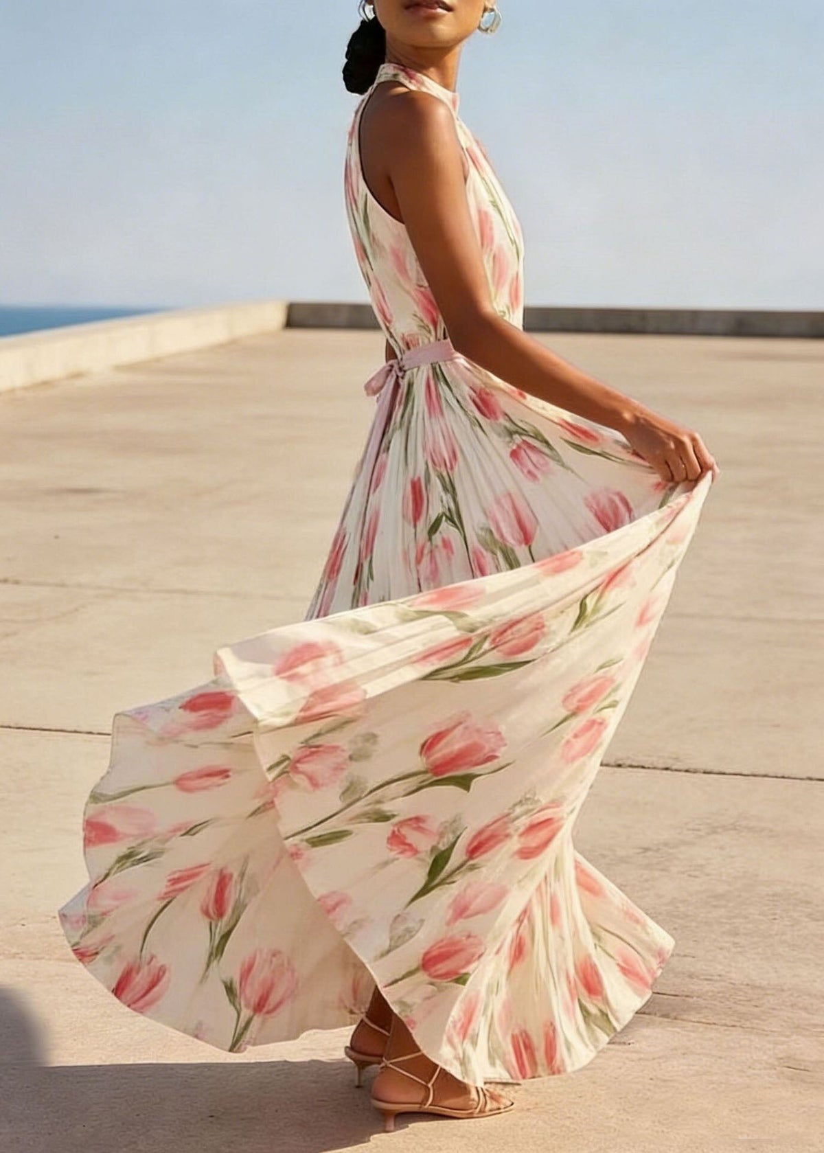 Floral Print Halter Neck Pleated Belted Chiffon Maxi Dress - View 2