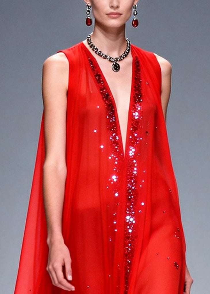 Chiffon Deep V-Neck Sequin Trim Cape Overlay Sleeveless Party Gown - View 2