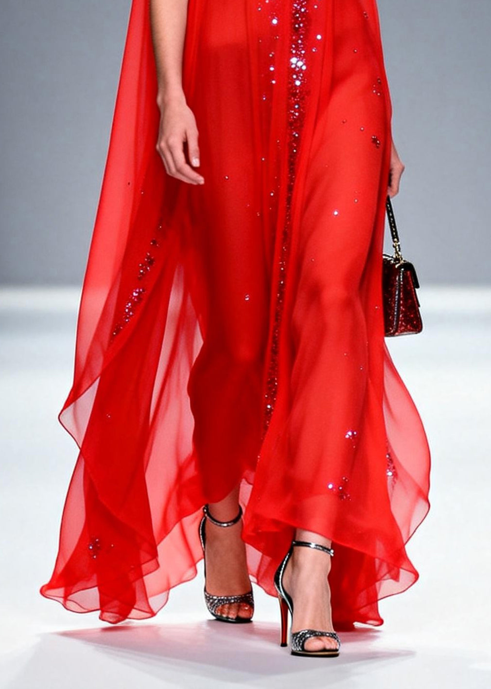 Chiffon Deep V-Neck Sequin Trim Cape Overlay Sleeveless Party Gown - View 4