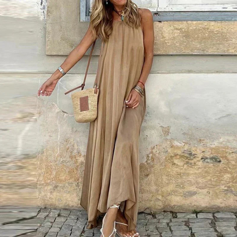 Spaghetti Strap Gathered Neckline Oversized Flowy Maxi Summer Dress - View 2