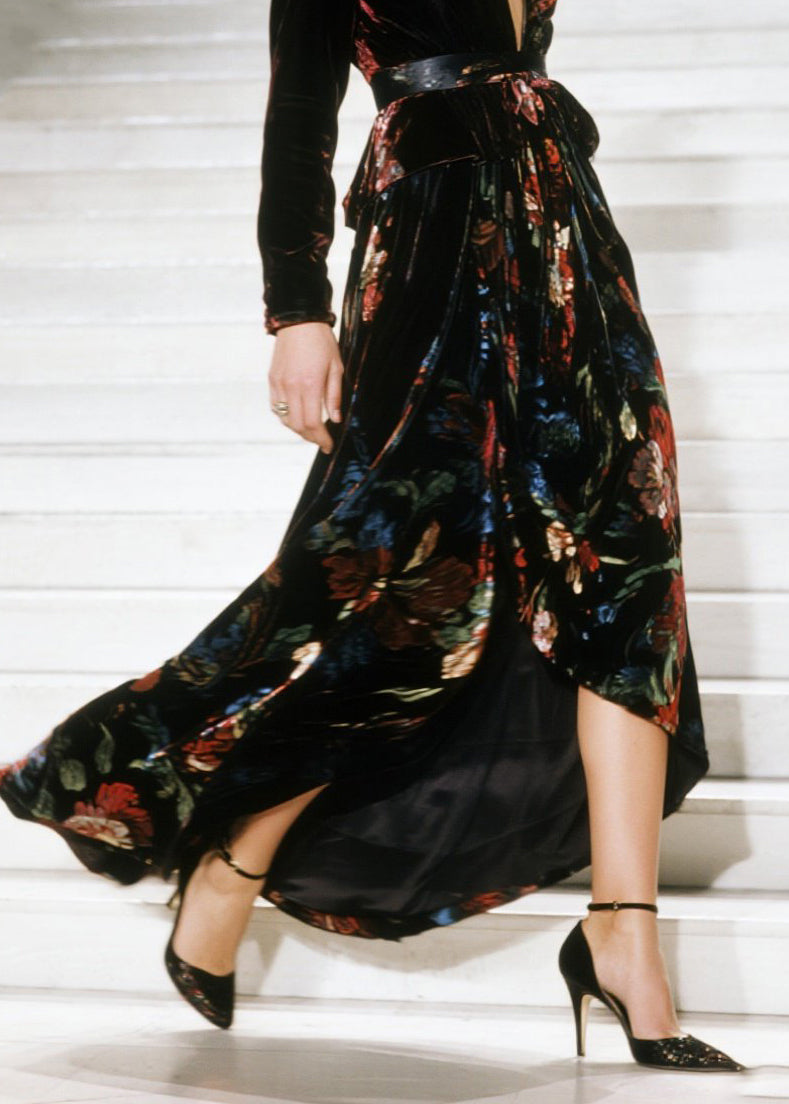 Velvet Floral Wrap Deep V-Neck Long Sleeve High Split Maxi Gown - View 4