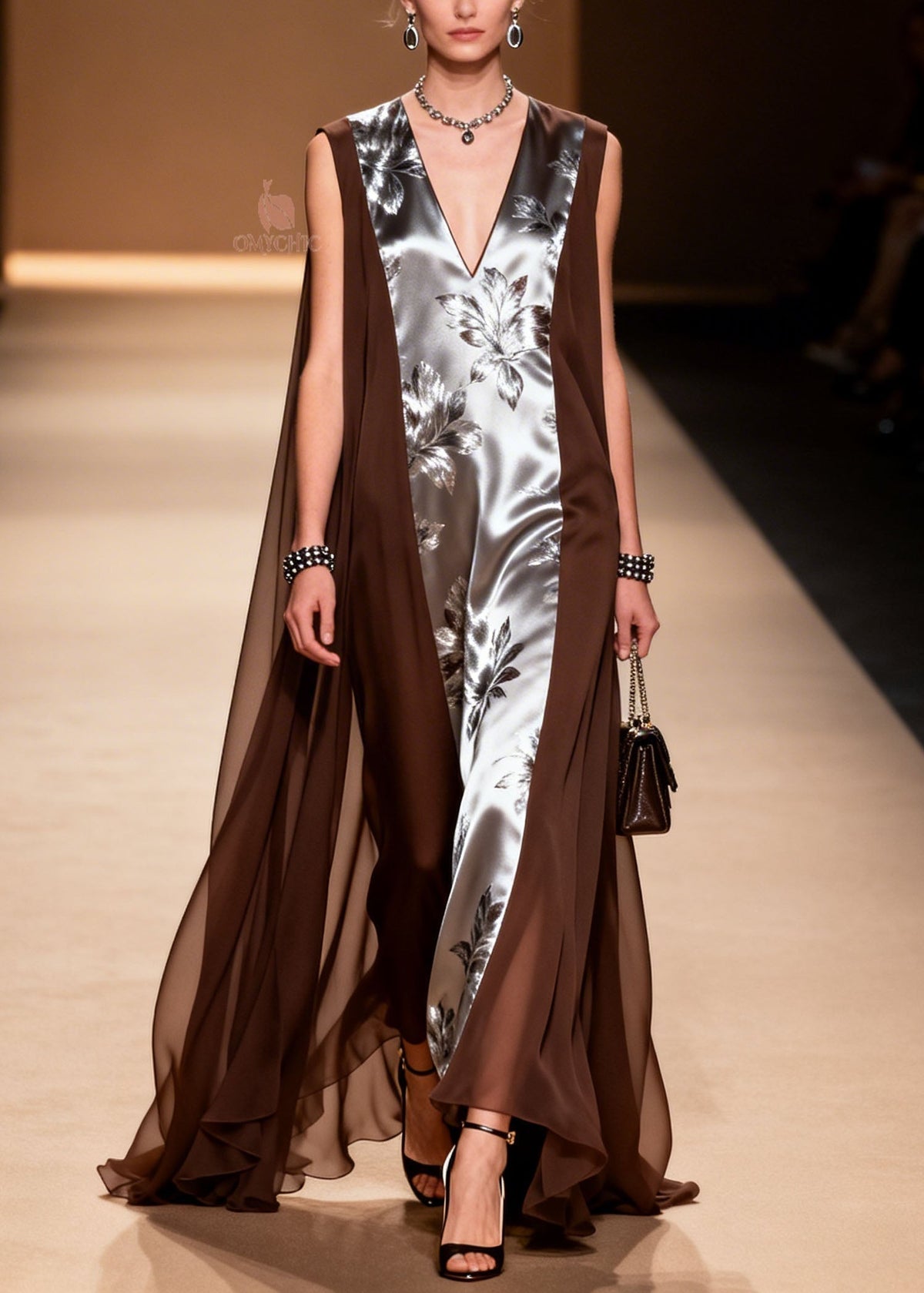 Floral Print Deep V-Neck Sleeveless Sheer Cape Wing Panel Maxi Gown - View 5