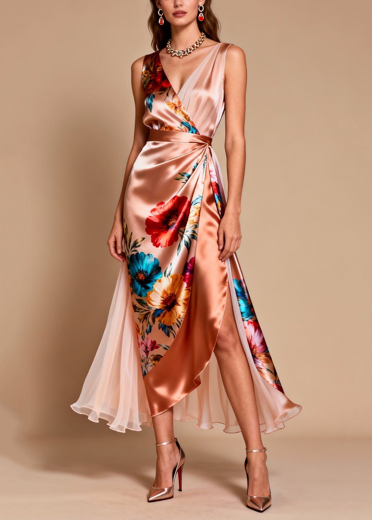 Floral Print Surplice V-Neck Wrap High Split Pleated Maxi Dress