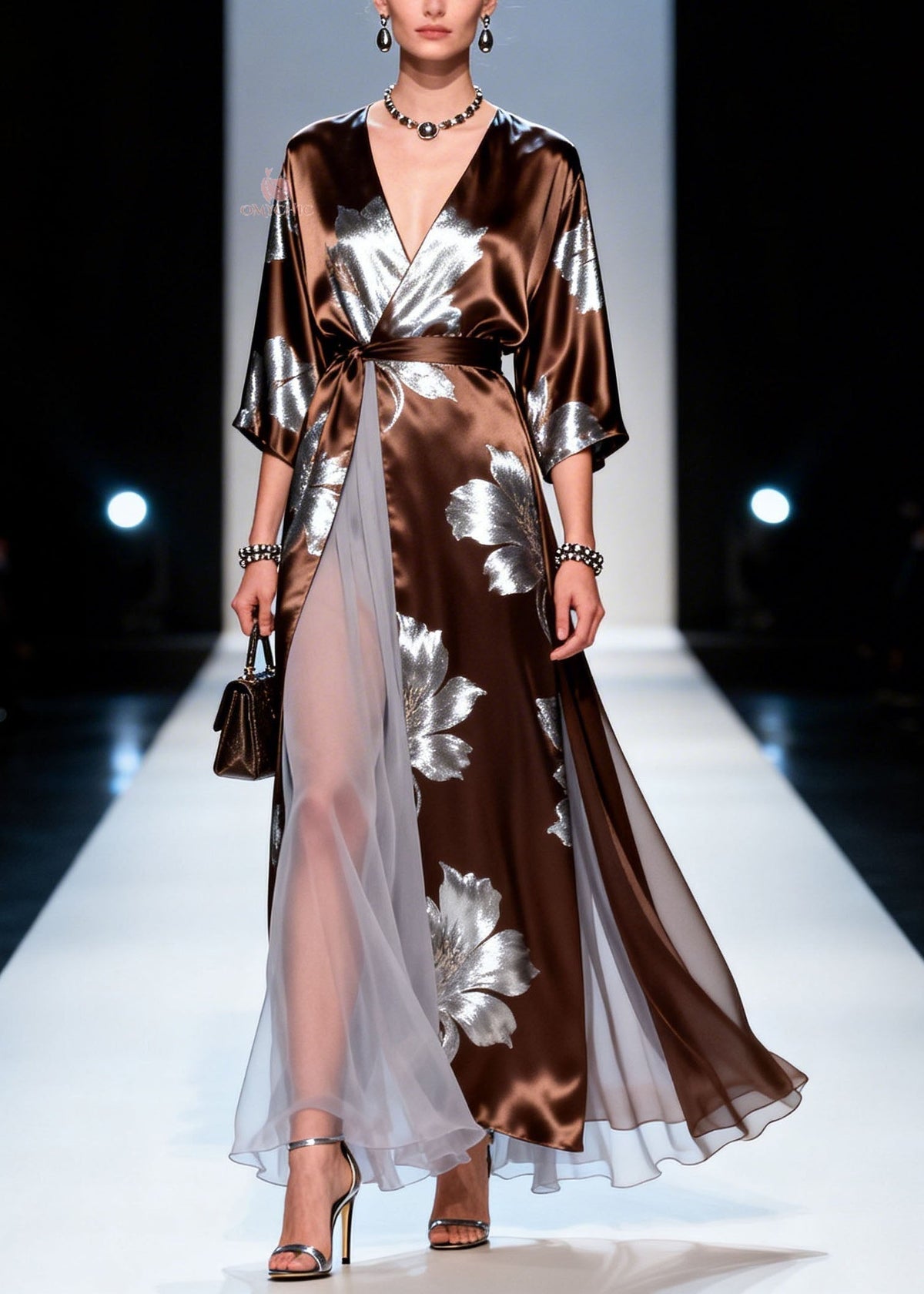 Satin Floral Print V-Neck Kimono Sleeve Tulle Panel Wrap Maxi Gown - View 3