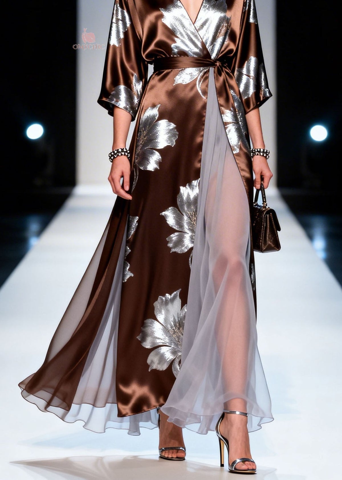Satin Floral Print V-Neck Kimono Sleeve Tulle Panel Wrap Maxi Gown - View 4