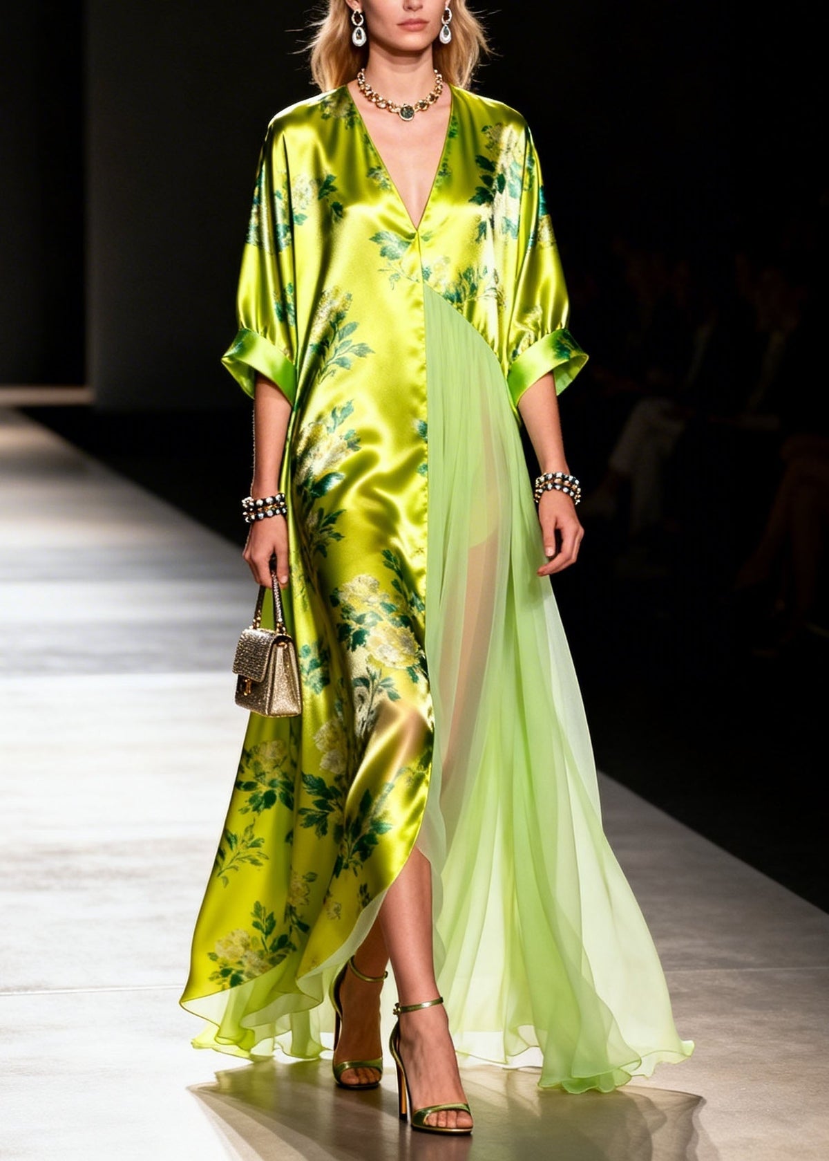 Floral Print Deep V-Neck Pleated Chiffon Panel Wide Maxi Dress