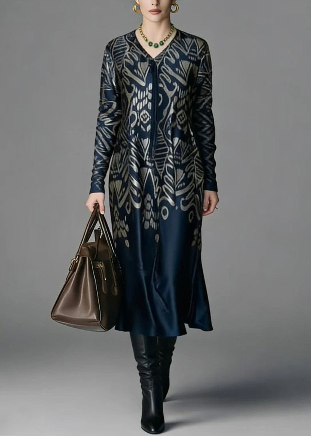 Abstract Print V-Neck Tie Neck Long Sleeve Flowy Midi Dress - View 3