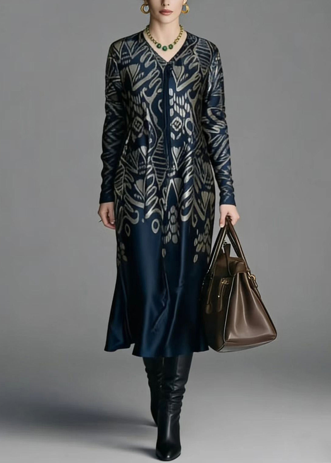 Abstract Print V-Neck Tie Neck Long Sleeve Flowy Midi Dress - View 5