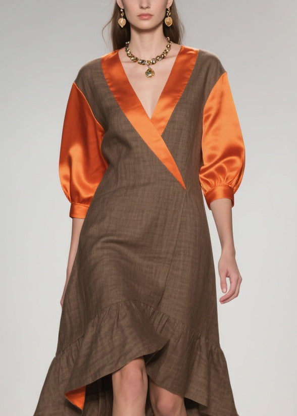 Wrap Deep V-Neck Puff Sleeve Satin Inset Asymmetrical Midi Dress - View 2