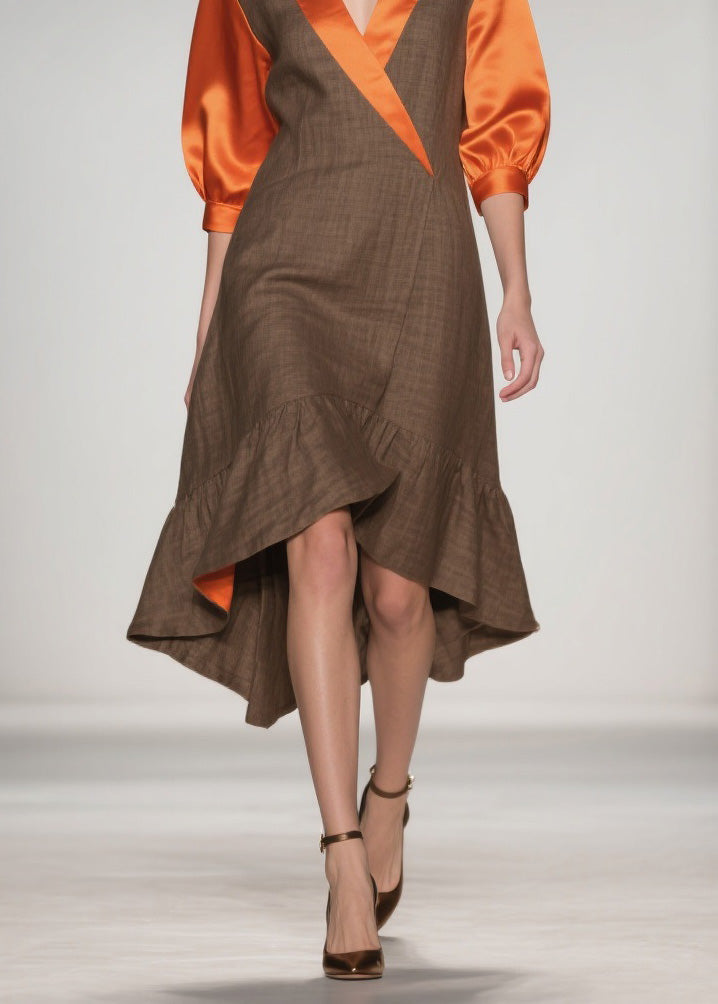 Wrap Deep V-Neck Puff Sleeve Satin Inset Asymmetrical Midi Dress - View 4