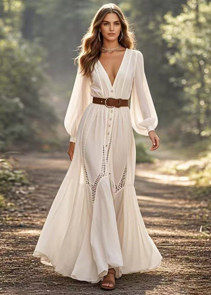 Deep V-Neck Button Down Bishop Sleeve Ladder Lace Trim Maxi Dress - View 5