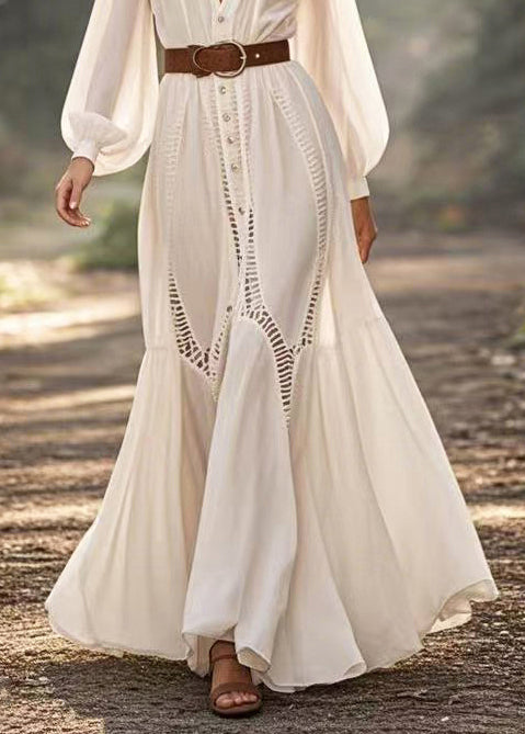 Deep V-Neck Button Down Bishop Sleeve Ladder Lace Trim Maxi Dress - View 4