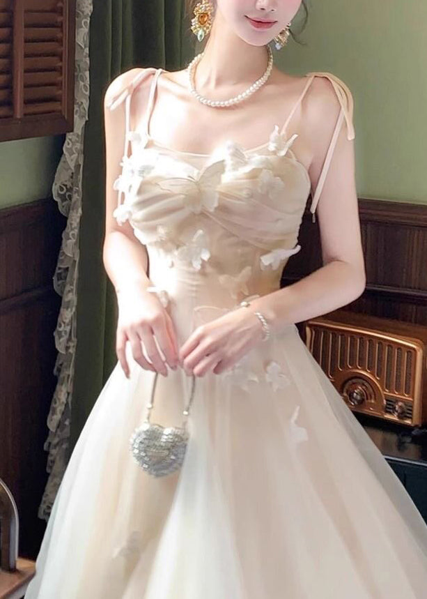 White Cold Shoulder Butterfly Tulle Maxi Spaghetti Strap Dress