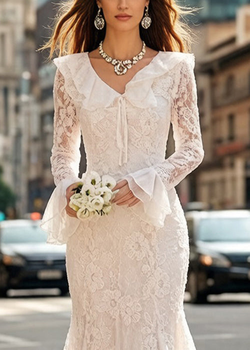 Floral Lace Ruffle Deep V-Neck Tie Front Flared Cuff Mermaid Gown - View 2
