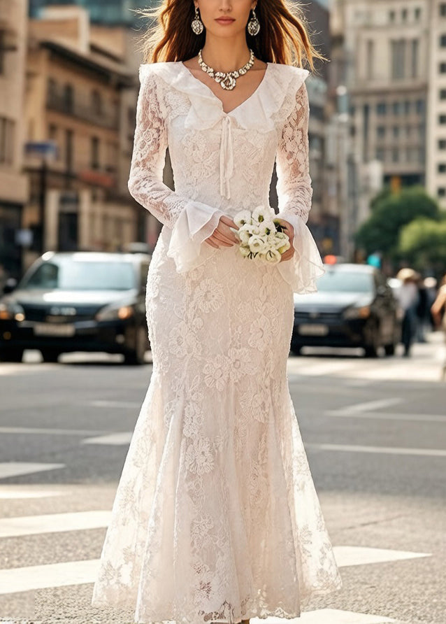 Floral Lace Ruffle Deep V-Neck Tie Front Flared Cuff Mermaid Gown - View 3