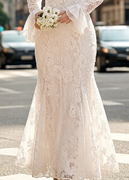 Floral Lace Ruffle Deep V-Neck Tie Front Flared Cuff Mermaid Gown - View 4
