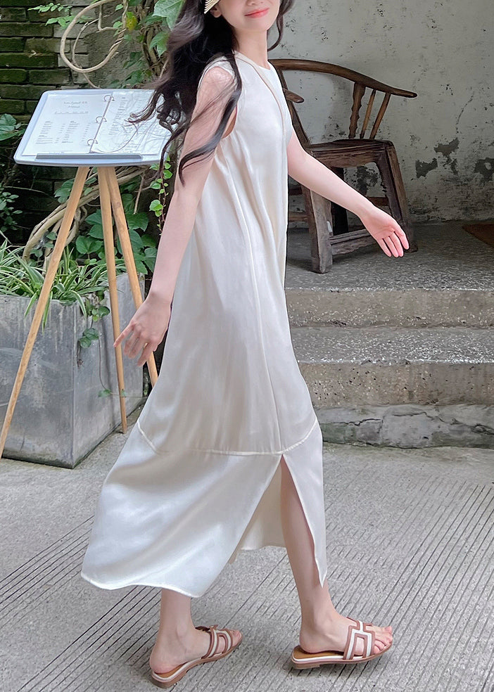 Satin Round Neck Sleeveless Tiered Panel Side Slit Maxi Dress - View 4