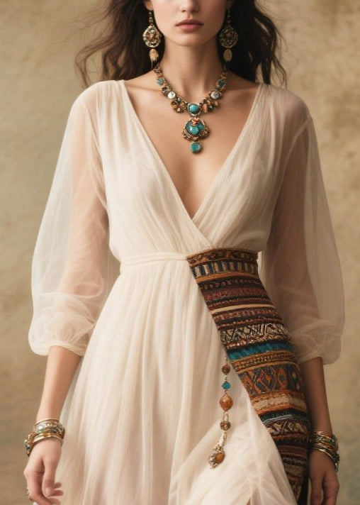 Tulle Deep V-Neck Wrap Bishop Sleeve Embroidered Sash Maxi Dress - View 2