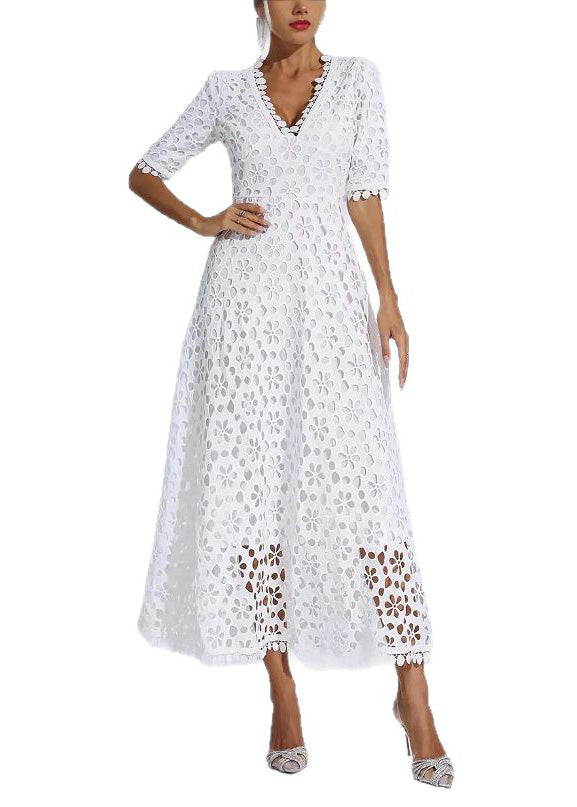 Lace Deep V-Neck Short Sleeve Scalloped Hem A-Line Maxi Dress - View 5