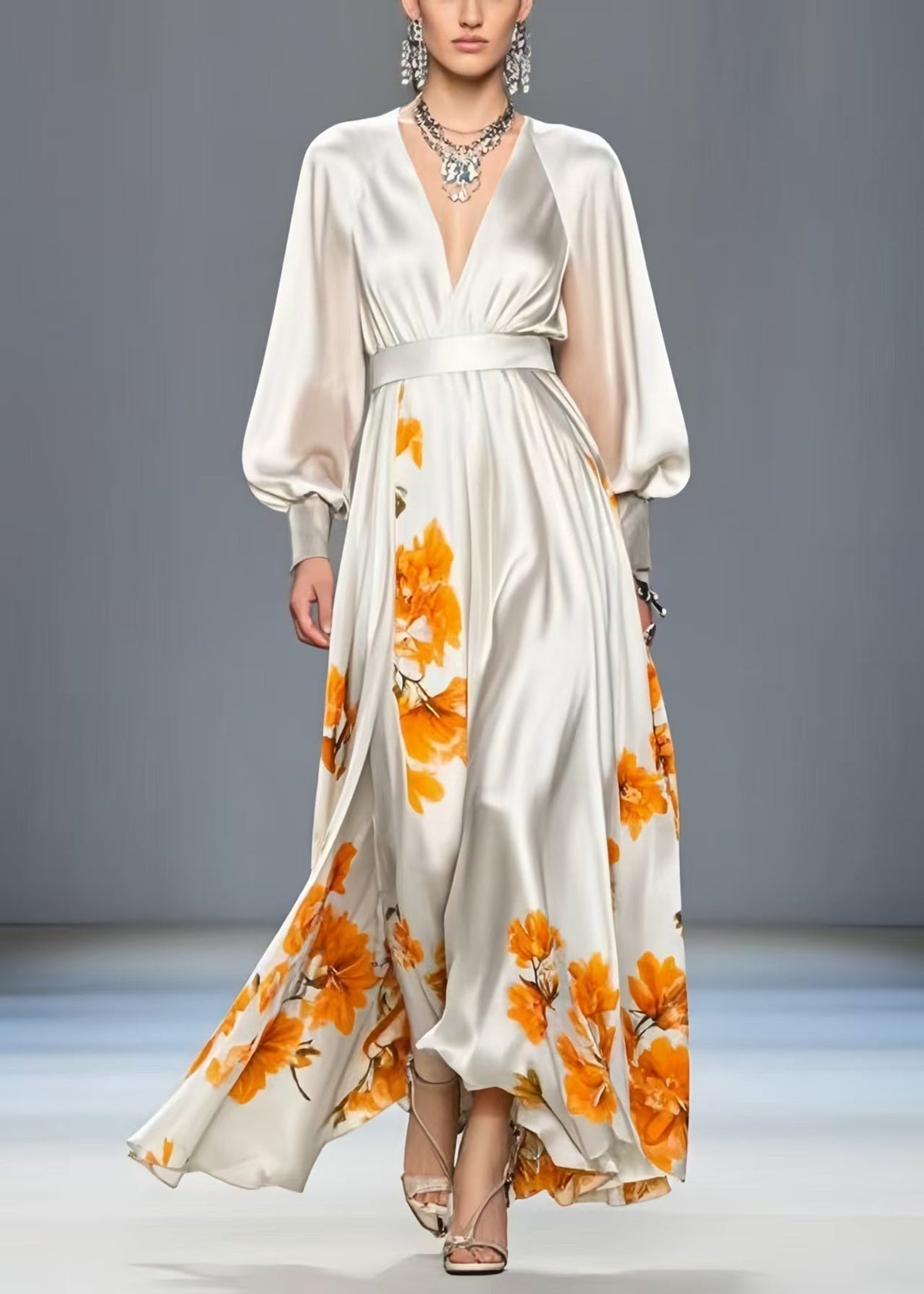Floral Print Deep V-Neck Balloon Sleeve Cinched Waist Maxi Gown - View 3
