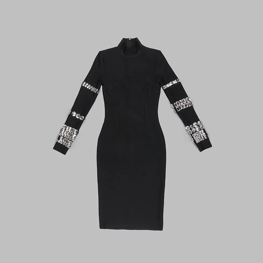 Rhinestone High Neck Long Sleeve Bodycon Midi Dress - View 6