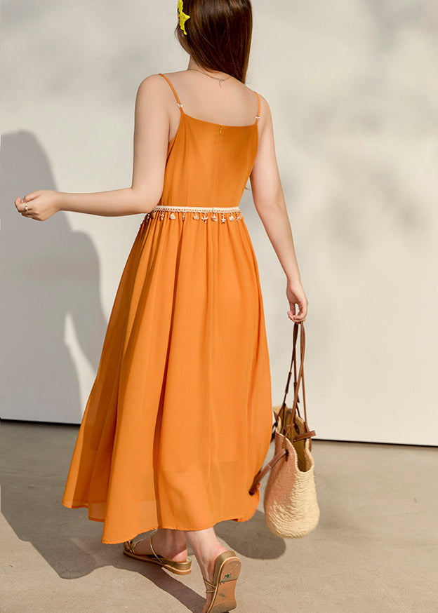 Elegant Yellow Tasseled Chiffon Spaghetti Strap Dress Summer - View 5
