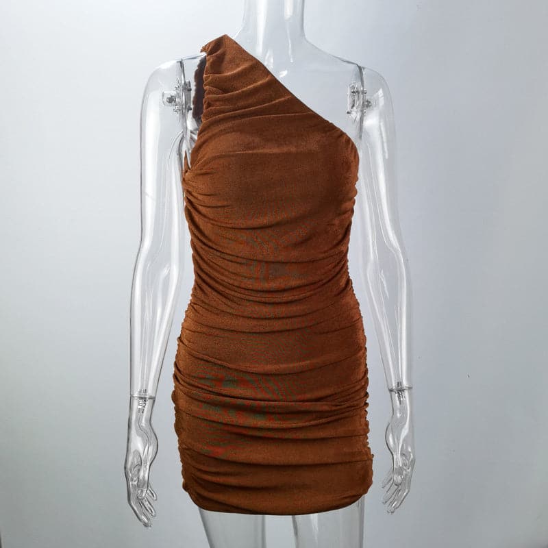 One Shoulder Ruched Metallic Knit Bodycon Mini Party Dress - View 9