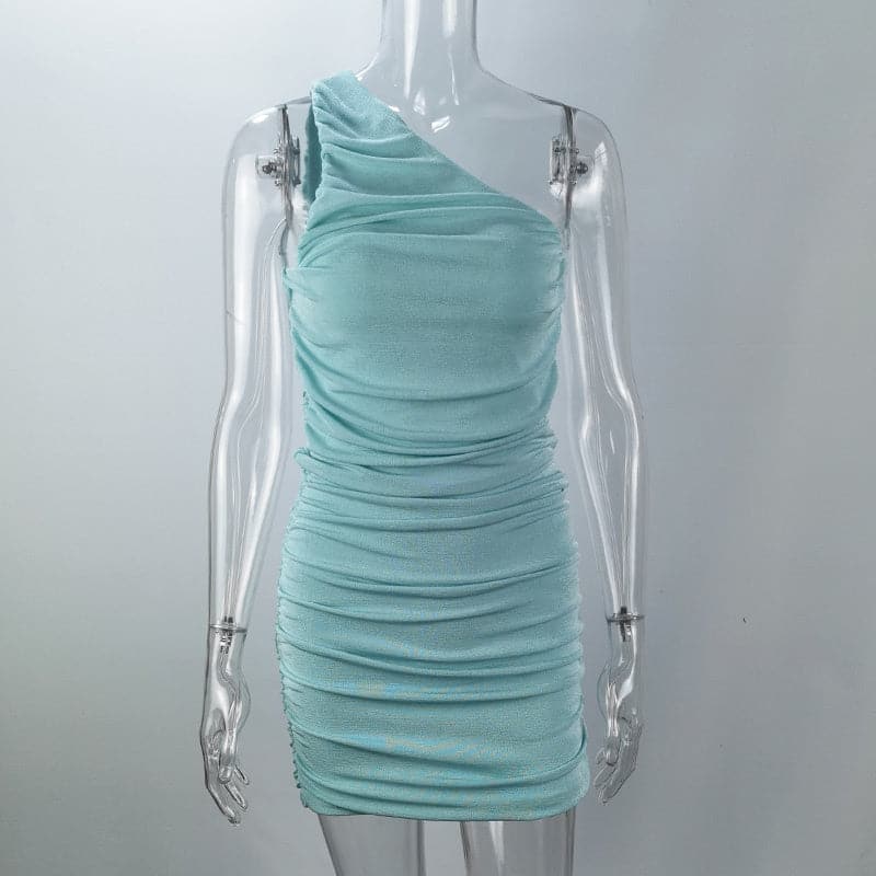 One Shoulder Ruched Metallic Knit Bodycon Mini Party Dress - View 8