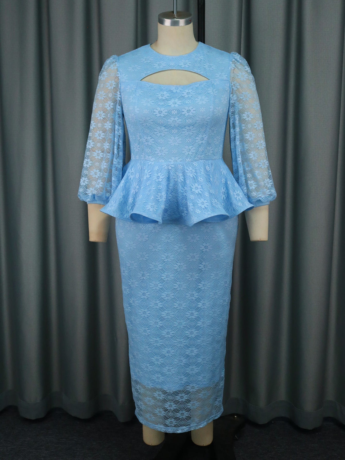 Lace Maxi Cocktail Lantern Sleeve Hollow Out Cutout Collar Dress - View 2